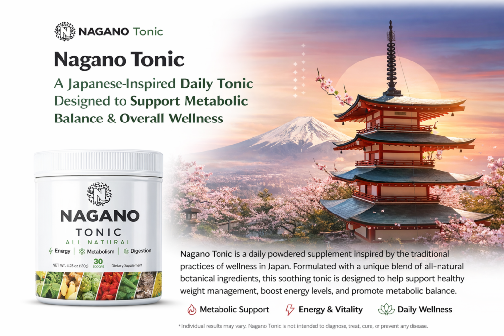 Nagano Tonic dietary supplement container with Japanese-inspired design supporting metabolic balance and daily wellness