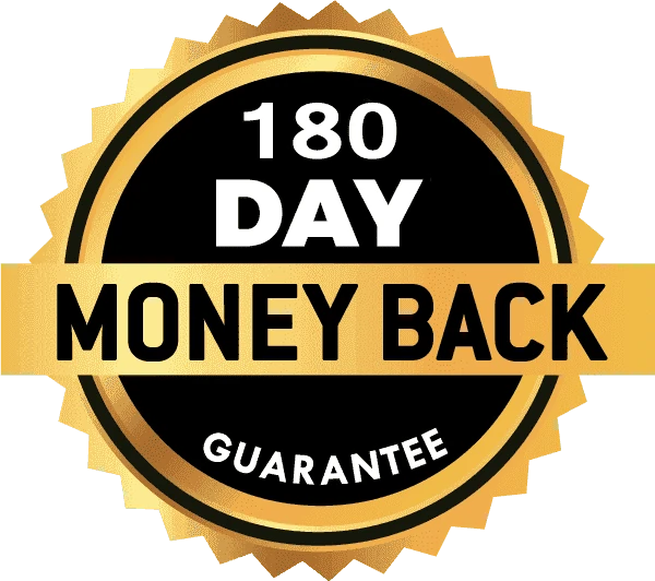 180 day money back guarantee gold and black badge on transparent background