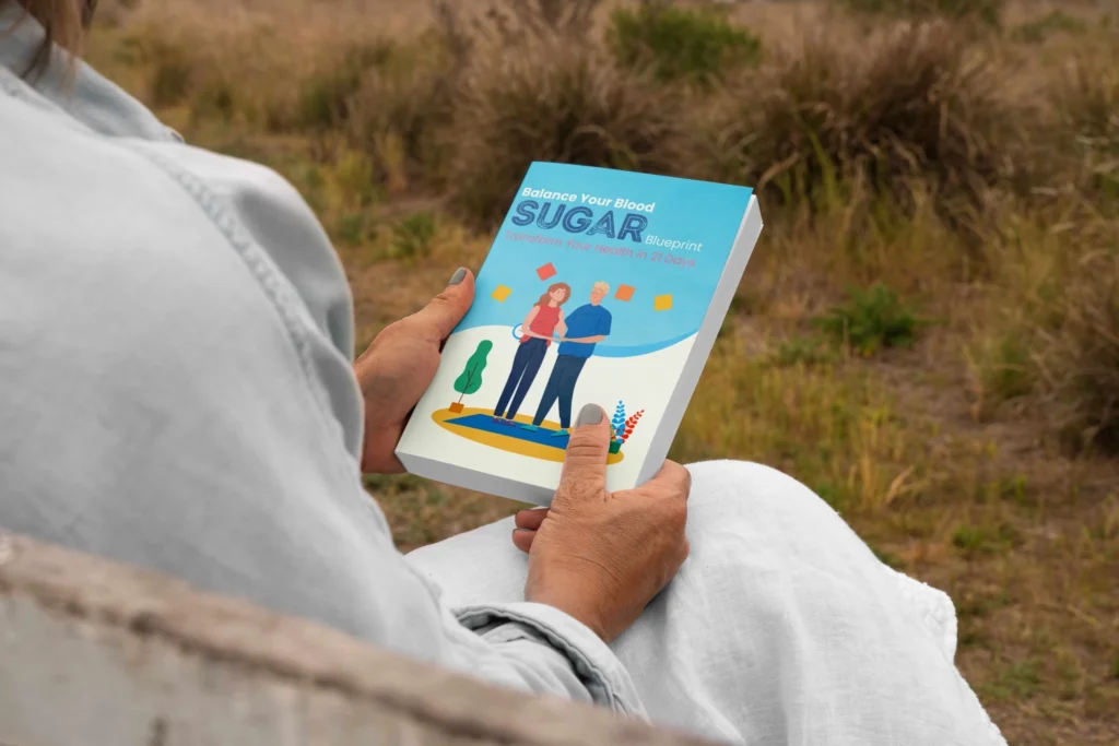 Person holding Balance Your Blood Sugar Blueprint wellness guide outdoors