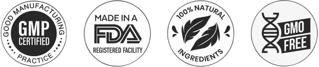 NeuroSerge product certifications: GMP Certified, Made in an FDA Registered Facility, 100% Natural Ingredients, and GMO Free badges, ensuring quality and safety.