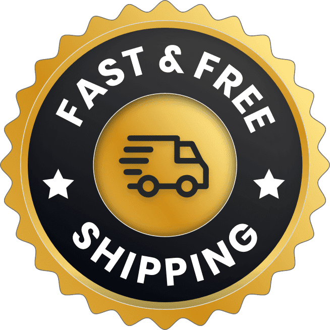 Fast and free shipping badge with delivery truck icon on transparent background