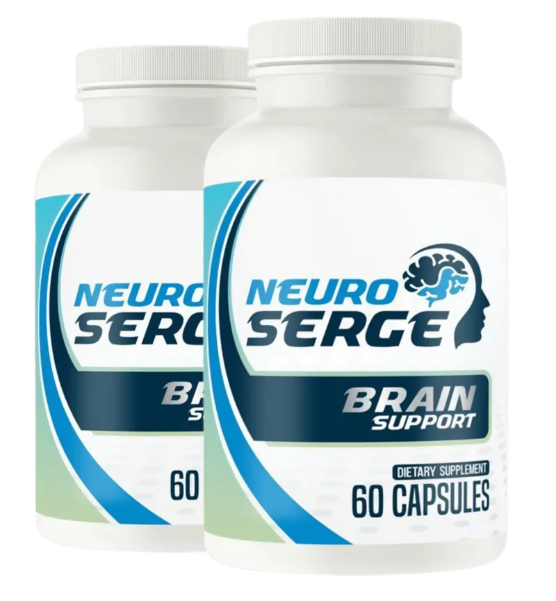 Two NeuroSerge Brain Support dietary supplement bottles, 60 capsules each, white containers with blue and green labels, promoting cognitive health and mental clarity.