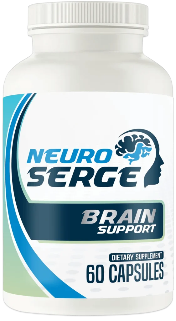 NeuroSerge Brain Support dietary supplement bottle, 60 capsules, white container with blue and green label, brain health, cognitive function, mental clarity